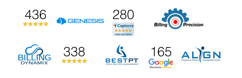 ClinicMind partners and their independent customer reviews: Genesis (436 five-star reviews), Capterra (280 user reviews), Billing Precision, Billing Dynamix (338 five-star reviews), BestPT Total Practice Management, Google Reviews (165 five-star reviews), and ALIGN Chiropractic Practice Management System.